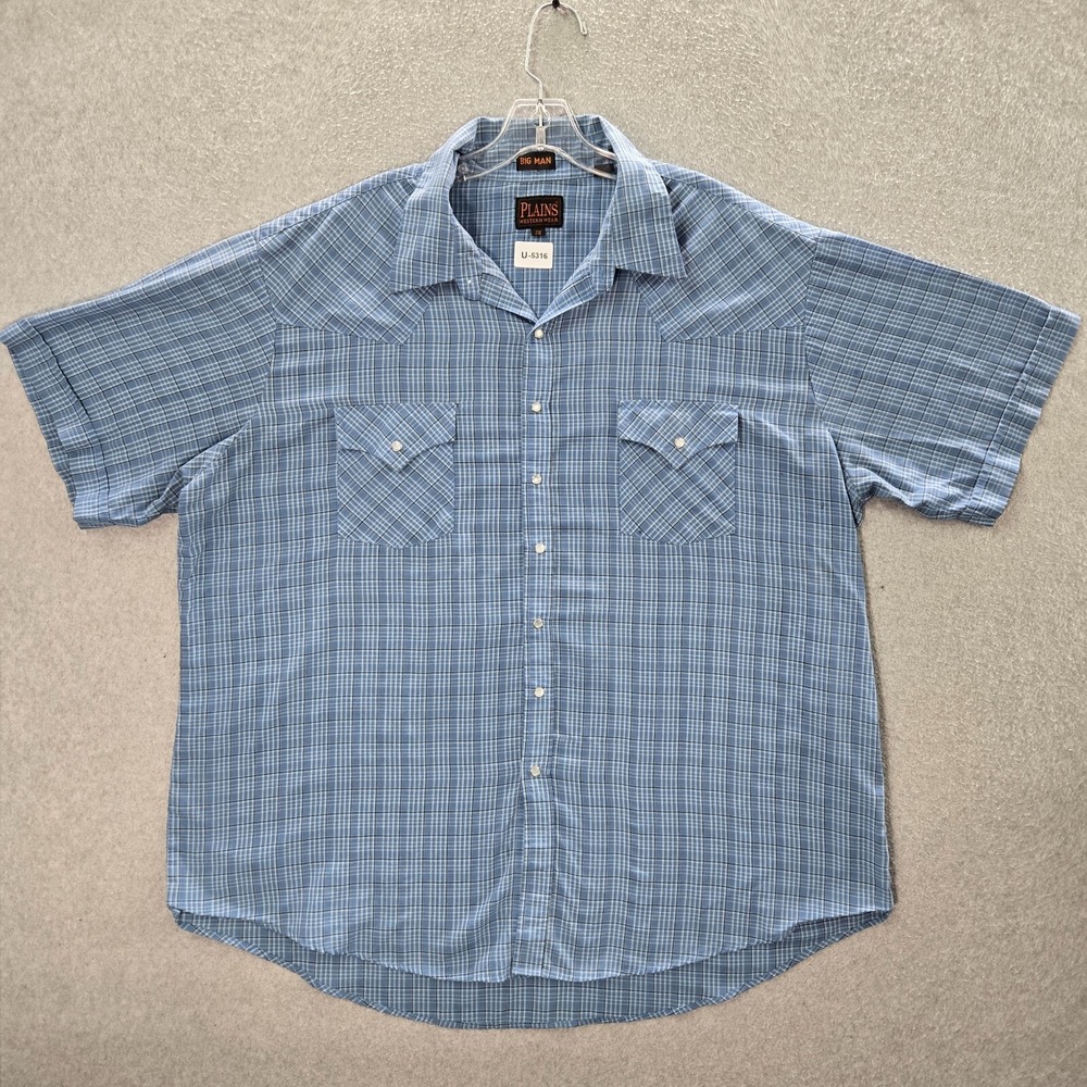 Plains Western Wear Men Button Up Shirt‎ 2X Blue Plaid Big Man Pearl Snap Collar